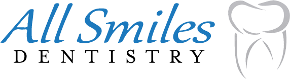 Logo of All Smiles Dentistry with blue and black text next to a gray outline of a tooth.